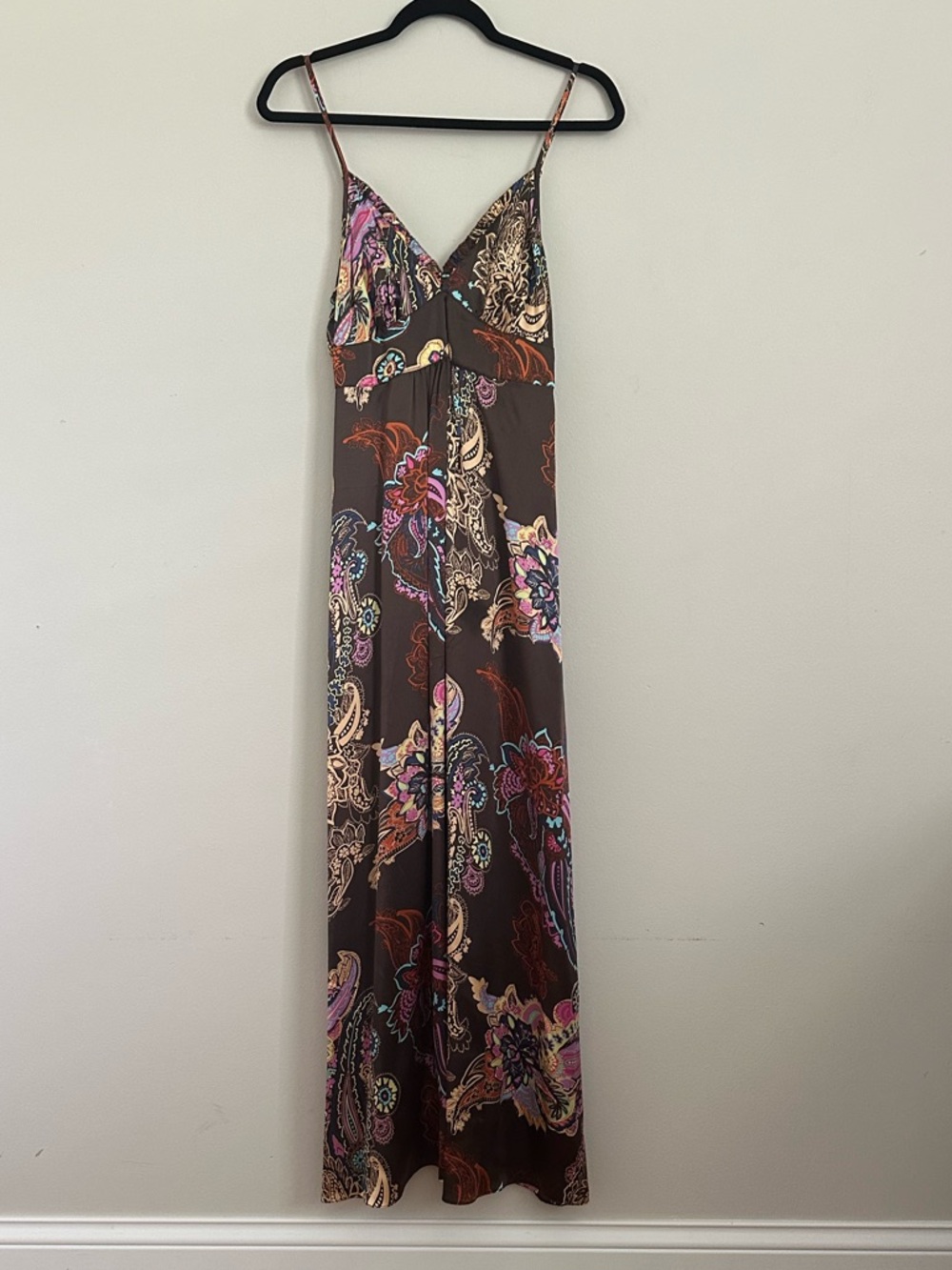 Vintage Y2K Silk Maxi Dress Small Brown Paisley Print Boho Festival Fairycore